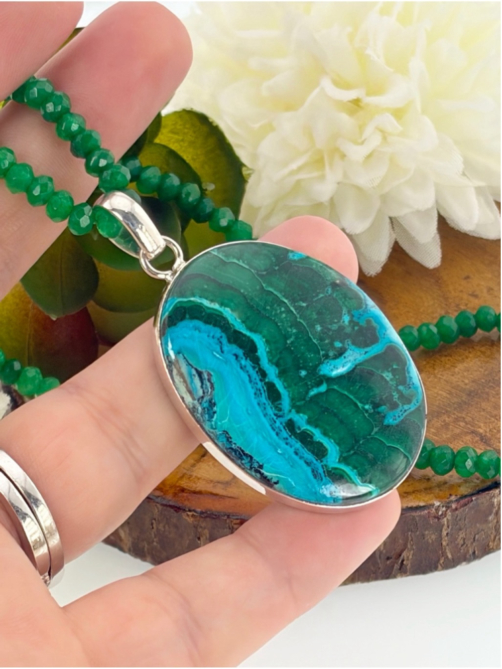 Sterling Silver 925 Top Quality Malachite Chrysocolla Pendant Necklace Handmade